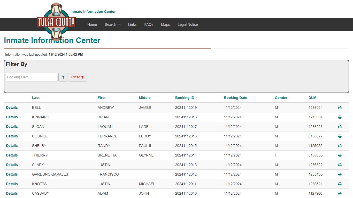 Booking Index - Inmate Information Center - Tulsa County, Oklahoma